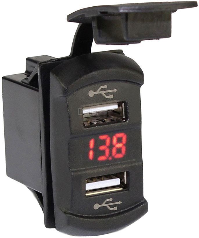 Napájecí zdířka 2x USB - typ Carling s voltmetrem - červený