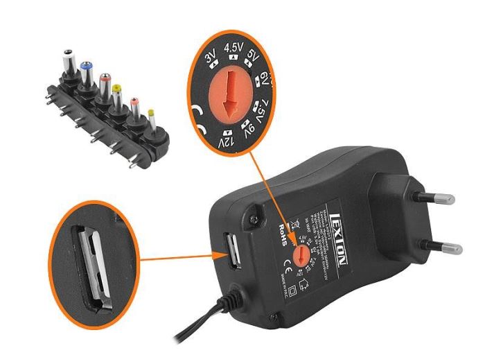 Ilustrační foto Napáječ, síťový adaptér 3-12V/2,5A spínaný, USB, LEXTON Obrázek zboží Napáječ, síťový adaptér 3-12V/2,5A spínaný, USB, LEXTON