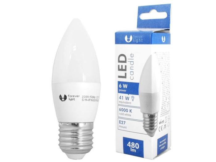 Ilustrační foto Žárovka LED A60 E27 svíčková 230V/6W, bílá studená Obrázek zboží Žárovka LED A60 E27 svíčková 230V/6W, bílá studená