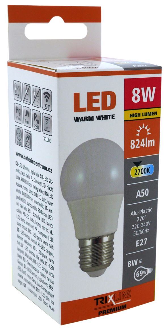 Žárovka LED TRIXLINE 8W E27 A50 teplá bílá