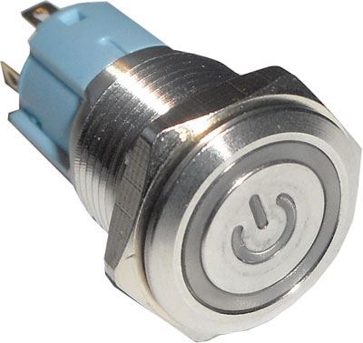 Vypínač stiskací OFF-ON 16mm, 250V/3A, modré prosvětlení 12V
