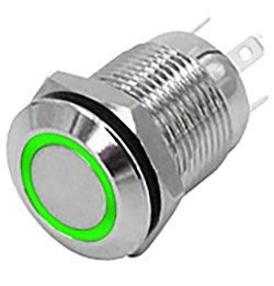 Tlačítko OFF-(ON) 12mm, 250V/2A, zelené prosvětlení 12V