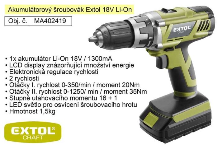 Ilustrační foto Aku vrtačka EXTOL Craft 18V,1x Aku 1300mAH, regulace otáček. Obrázek zboží Aku vrtačka EXTOL Craft 18V,1x Aku 1300mAH, regulace otáček.