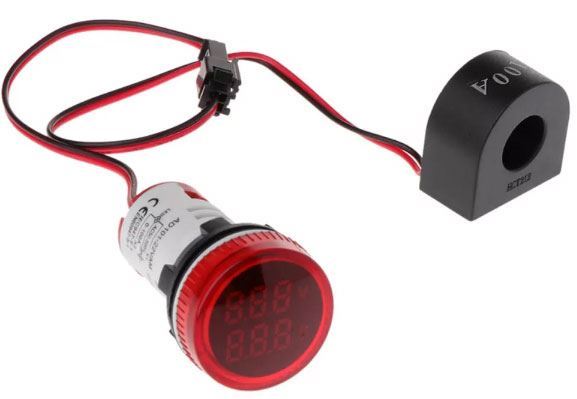 Voltmetr, ampérmetr AD101-22VAM panelový MP 60-500VAC+0-100AAC červený