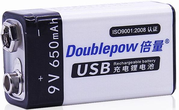 Nabíjecí baterie Li-ion 9V 650mAh 6F22, Doublepow, napájení USB