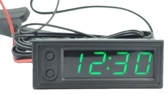 Teploměr,hodiny,voltmetr  panelový 3v1, 12V, zelený, 1 tepl.čidlo