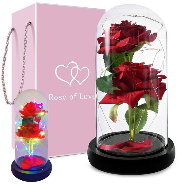 Věčná růže ve skle, svítící RGB LED, červená