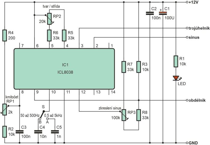 Signální generátor sinus, delta a obdélník 50Hz-5kHz s ICL8038 : H A D E X  , spol. s r.o.